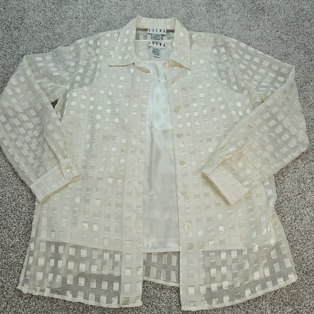Vtg ERENA Womens White Blouse Tank Set Long Sleeve Medium Holiday Casual EUC